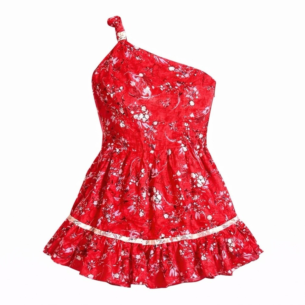 Free People One Shoulder Mini Dress Red Floral All Mine Linen Blend Lined Small